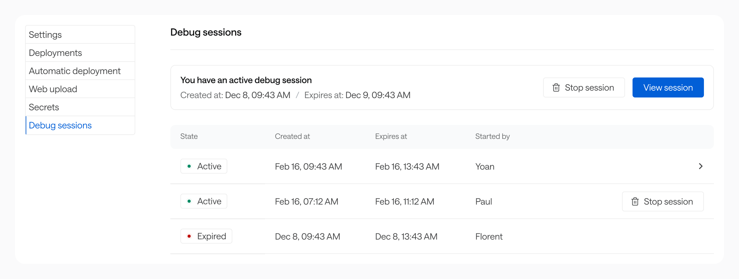 MCP server debug sessions history